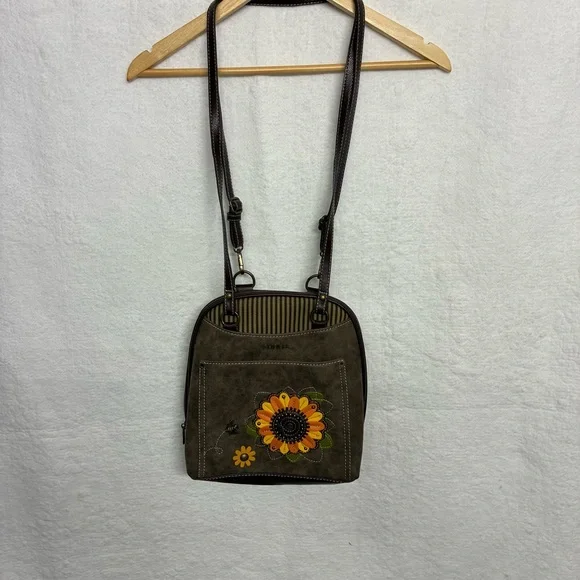 Sunflower Bee Mini Backpack Chala Brown Boho Vegan Leather Convertible Bag - Picture 6 of 12